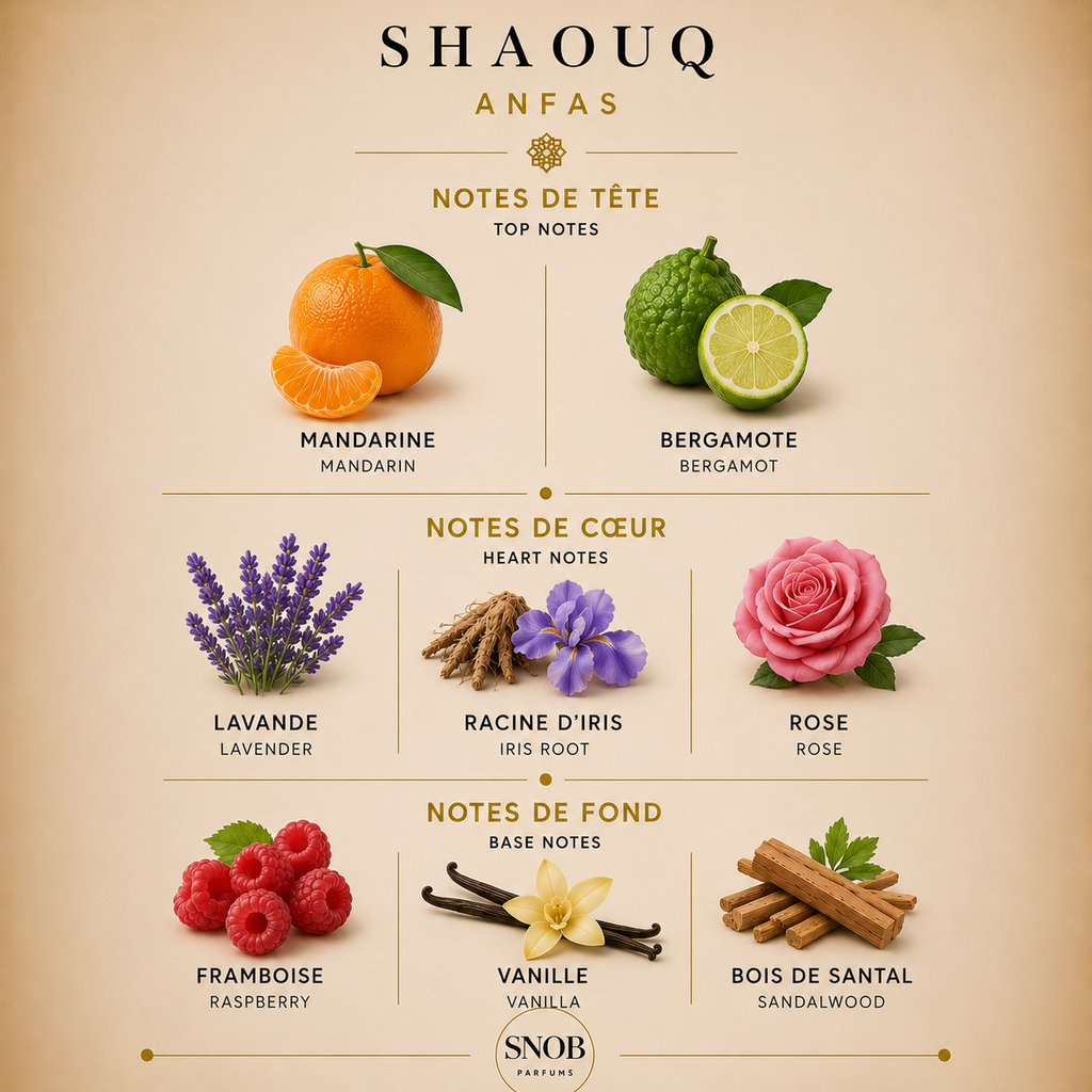 shaouq de anfas en vente d'échantillon de parfum avce grille olfactive