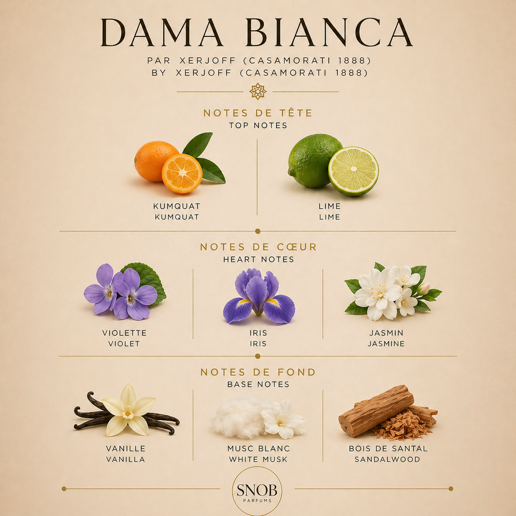 dama biance un parfum de casamorati et xerjoff en format échantillon avec grille de notes visuel