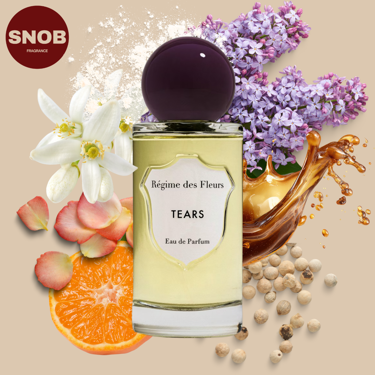 Bouteille parfum tears avec les notes de chez regimes des fleurs